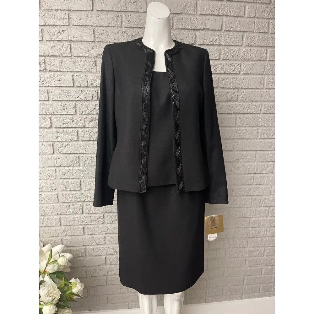 Kasper Women Black Beaded 3 Piece Skirt Suit Set Size 4 NWT